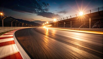 Fototapeta premium Asphalt surface racing track corner in night motion blur