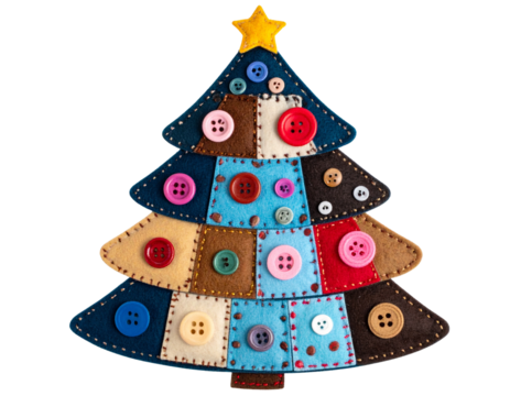 A - “Cute Handcrafted Felt Christmas Tree with Buttons and Patches, Top-Down View, Isolated PNG”