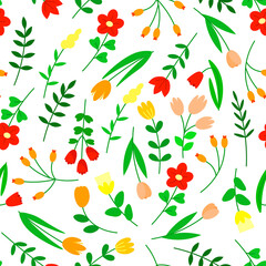 Seamless retro pattern of different flat flowers on white background