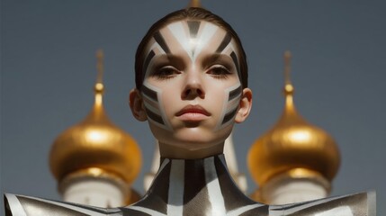 Portrait of a young woman with a futuristic and futuristic look. she is standing in front of a backdrop of golden domes, which appear to be part of a church or cathedral.