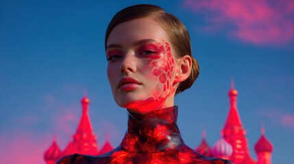 Portrait of a young woman with a futuristic and futuristic look. she is standing in front of a backdrop of red domes, which appear to be part of a cityscape.