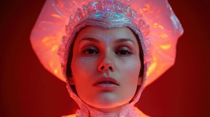 Close-up portrait of a woman's face and upper body. she is wearing a futuristic-looking headpiece with a large, white headdress that covers her entire head.