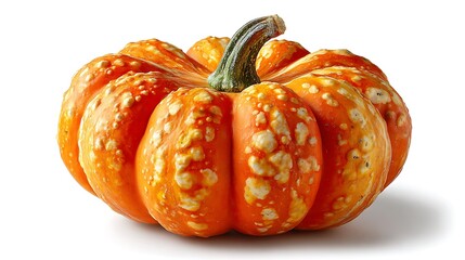 A bumpy orange and white ornamental gourd with a striped green stem isolated on a white background