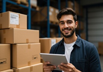 A warehouse worker smiles while managing inventory on his digital tablet in a busy distribution center.