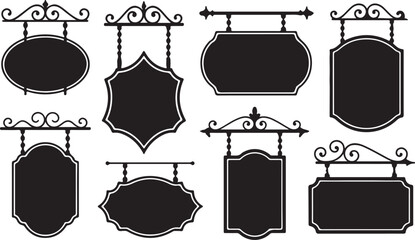 Collection of ornate hanging sign silhouettes, vintage shop signs with scrollwork and frames for cafes, boutiques, restaurants, and signage design