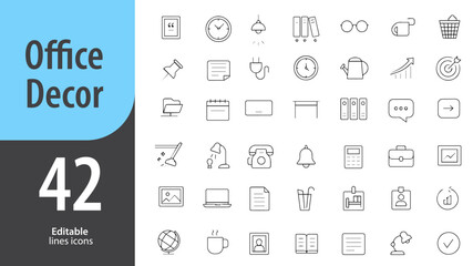 Office Decor Line Icons, Plant Pot, Wall Frame, Desk Lamp, Clock, Interior Elements, Editable Formats: AI, EPS, PNG, Ideal for Both UI and Print Media Use
