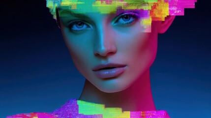 Close-up portrait of a woman's face. the woman has a futuristic and futuristic look with a combination of bright colors and geometric shapes.
