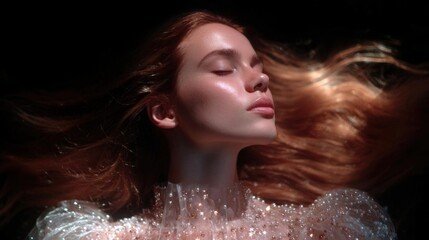 Close-up portrait of a young woman with long, flowing red hair. she is facing away from the camera, with her eyes closed and her head tilted slightly upwards.