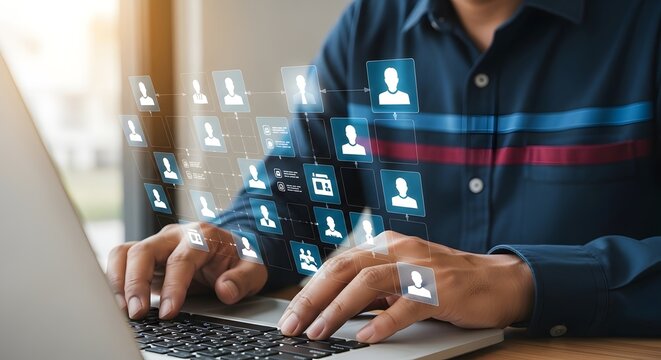 Analyzing data networking connections using laptop for business communication and hr management