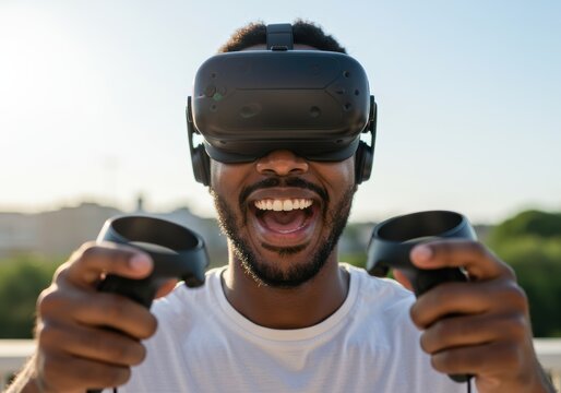 Happy man immersed in a virtual reality game, wearing a vr headset and controllers.