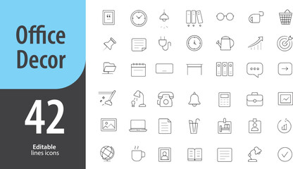 Office Decor Line Icons, Plant Pot, Wall Frame, Desk Lamp, Clock, Interior Elements, Editable Formats: AI, EPS, PNG, Ideal for Both UI and Print Media Use
