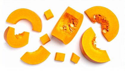 Overhead view of sliced pumpkin pieces, showcasing vibrant orange color and texture.