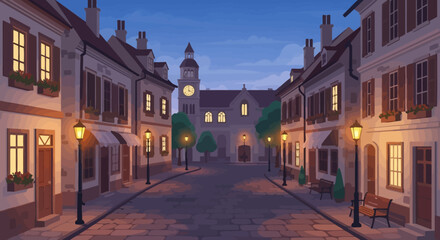 Fototapeta premium Evening street scene with stone buildings