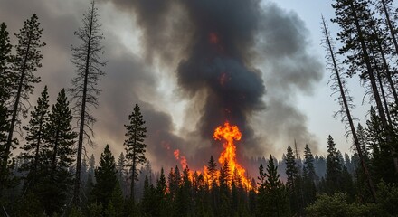 Wildfire Burning in Forest with Tall Trees During Smoke and Flames