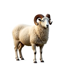 Fototapeta premium Male sheep ram full body portrait on white background, Eid al-Adha sacrifice animal, livestock photo, strong horns sheep