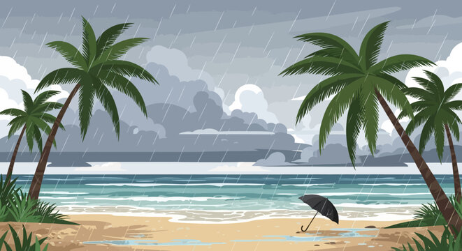 Rainy tropical beach scene with palm trees and umbrella