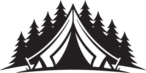 Obraz premium Camping tent illustration in snowy forest with pine trees and winter holiday design