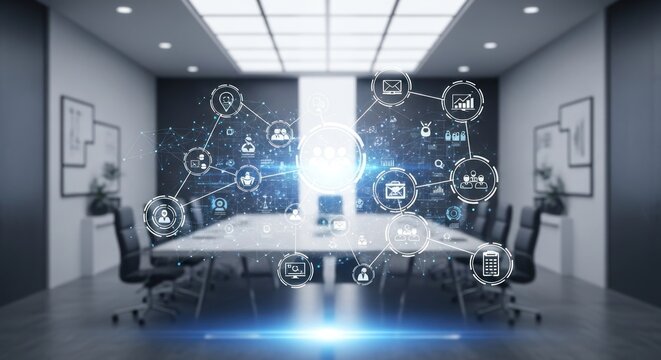 Conference room showcases a digital network of business icons, representing teamwork, communication, and data analysis for modern corporate strategies and global connections.