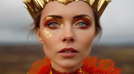 Close-up portrait of a young woman's face. she has a dramatic and dramatic makeup look with gold and orange tones. her eyes are a deep blue and her eyebrows are a lighter shade of blue.