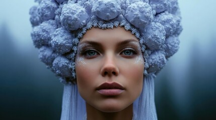 Close-up portrait of a woman's face. she is wearing a large, voluminous headpiece that is made up of multiple layers of ice crystals that are arranged in a circular pattern.