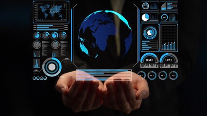 High-tech global network connection interface showing worldwide digital communication, data...
