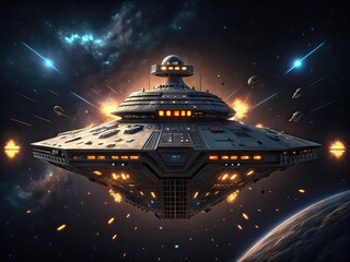 Fototapeta premium Gigapixel Art Scale Colony Ship Under Attack in Deep Space Explosions and Debris Surround Damaged Vessel