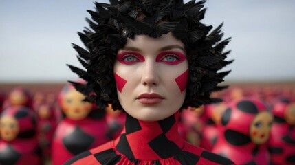 Close-up portrait of a woman's face and upper body. she is wearing a black and red outfit with a large headpiece that is made up of black feathers.
