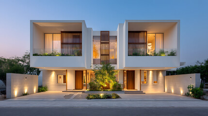 Modern Luxury Home with Minimalist Design and Evening Lighting, Architectural Beauty