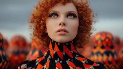 Close-up portrait of a young woman with curly red hair. she is wearing a black and orange geometric patterned top with a high neckline.