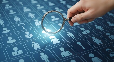 A hand holding a magnifying glass over a grid of person icons on a blue background surface