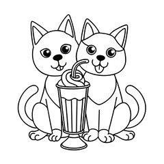 Cat and Dog Sharing a Milkshake Coloring Page