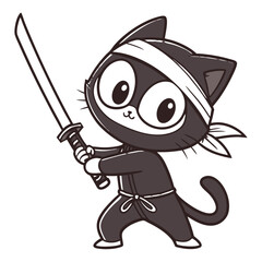 cute black cat ninja character holding sword wea