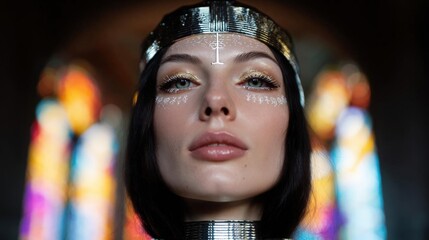 Close-up portrait of a young woman's face. she has dark hair and is wearing a silver headpiece with a geometric design on it.