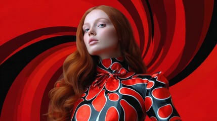 Portrait of a young woman with long red hair. she is standing in front of a red background with a black spiral design. the woman is wearing a black and red dress with a high neckline and long sleeves.
