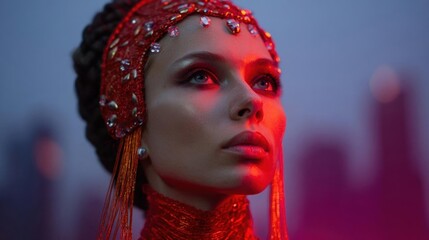 Close-up portrait of a woman's face. she is wearing a red headpiece with intricate designs and patterns. the headpiece is made up of small, round, red beads that are arranged in a circular pattern.