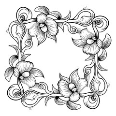 Fototapeta premium Hand drawn vector abstract outline, graphic, line art vintage baroque ornament floral frame in minimalistic modern style. Baroque floral vintage outline design concept vector antique frame isolated