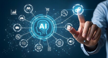 Person interacting with ai interface featuring icons representing various functionalities