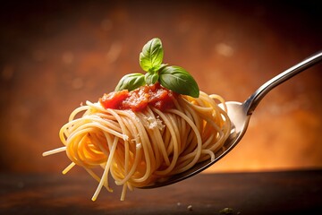Spaghetti with tomato sauce on spoon