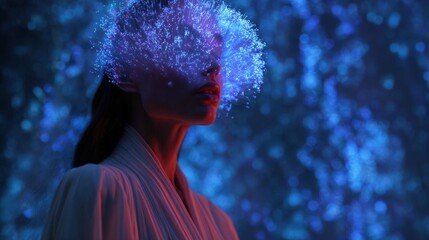 Portrait of a woman's face and upper body. she is wearing a white robe and her hair is styled in a sleek, straight look.