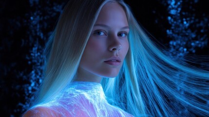 Close-up portrait of a young woman with long blonde hair. she is looking directly at the camera with a serious expression on her face.