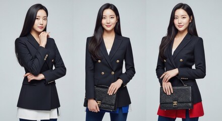 Elegant Asian woman showcases a stylish black blazer with gold buttons and a chic handbag, exuding confidence and sophistication in a fashion-forward presentation.