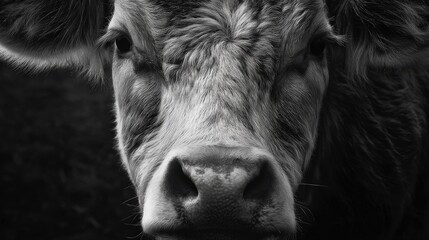 Black and White Close-Up Portrait of a Cow on Dark Background

