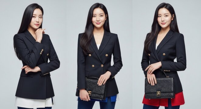 Elegant Asian woman showcases a stylish black blazer with gold buttons and a chic handbag, exuding confidence and sophistication in a fashion-forward presentation.