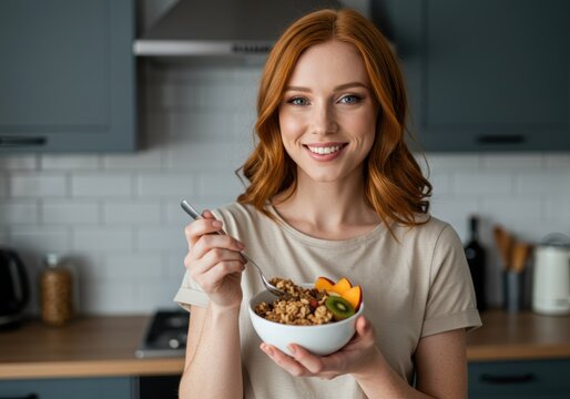 A beautiful redhead woman smiles while eating a healthy bowl of granola and fruit. - Powered by Adobe