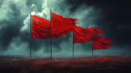 Menacing Red Flags Waving Dangerously in Stormy Weather Concept