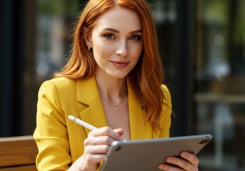 A smiling redhead working on her tablet in a yellow blazer outdoors, using a stylus.
