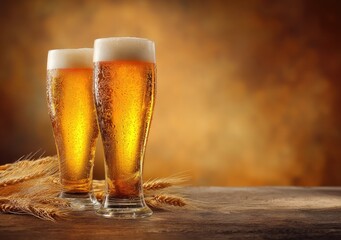 Two cold foamy glasses of golden beer with wheat on rustic table and warm blurred background, ideal for brewery ads, Oktoberfest posters, pub decor, and harvest drink themes