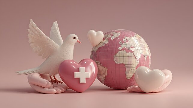 A white dove and hearts symbolize global peace health and compassion held by gentle hands