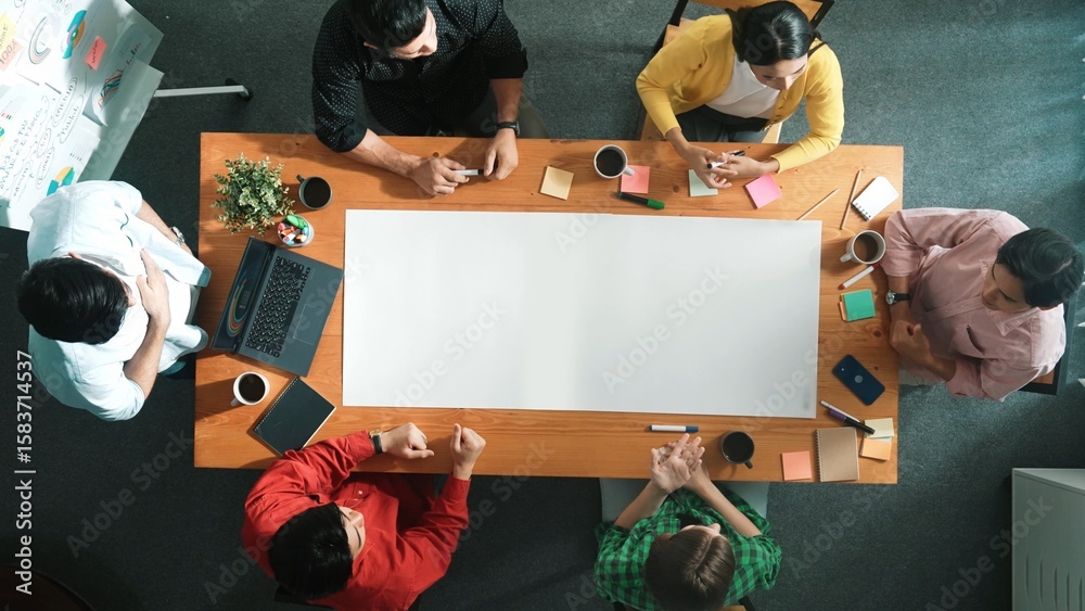 Wall mural time lapse of diverse business team designing and planning project while skilled project manager wal