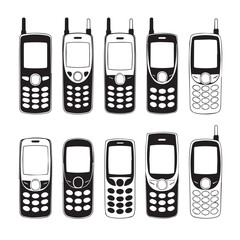 Collection of vintage mobile phones with antennas and keypads in black and white